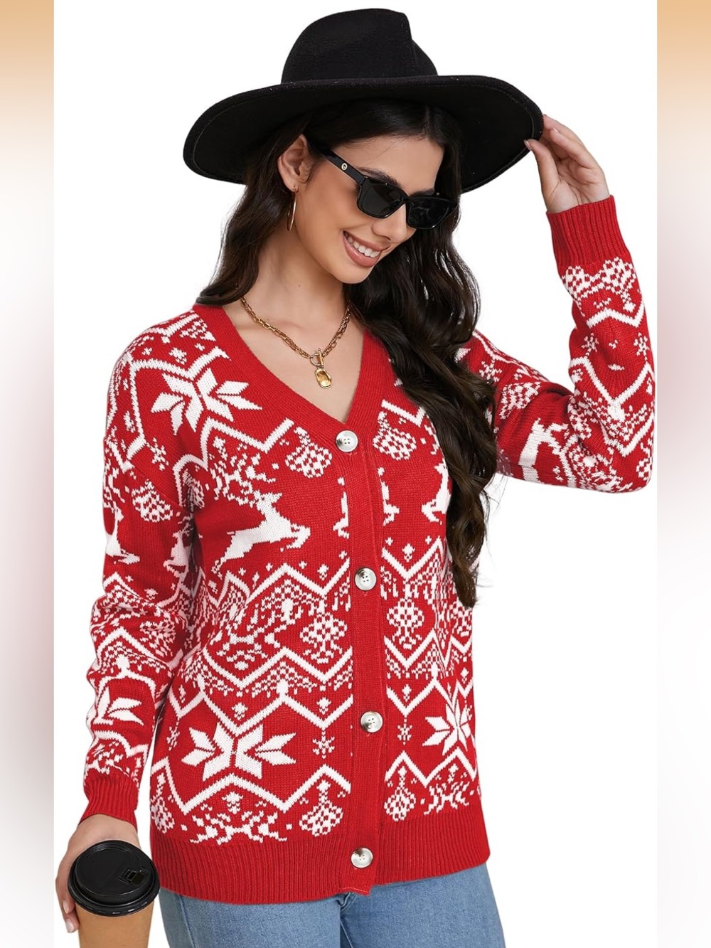 Classic Red Fair Isle Button-Up Sweater Cardigan